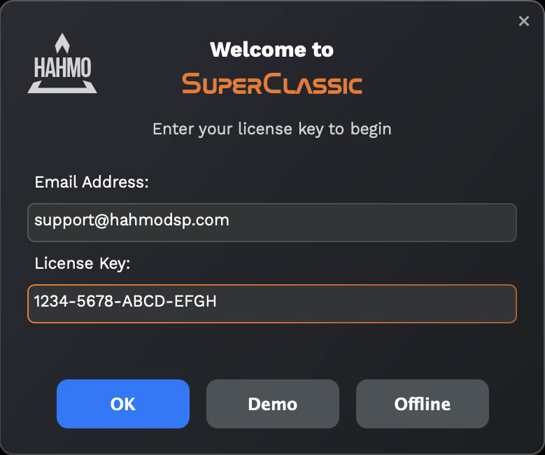 The license key entry dialog