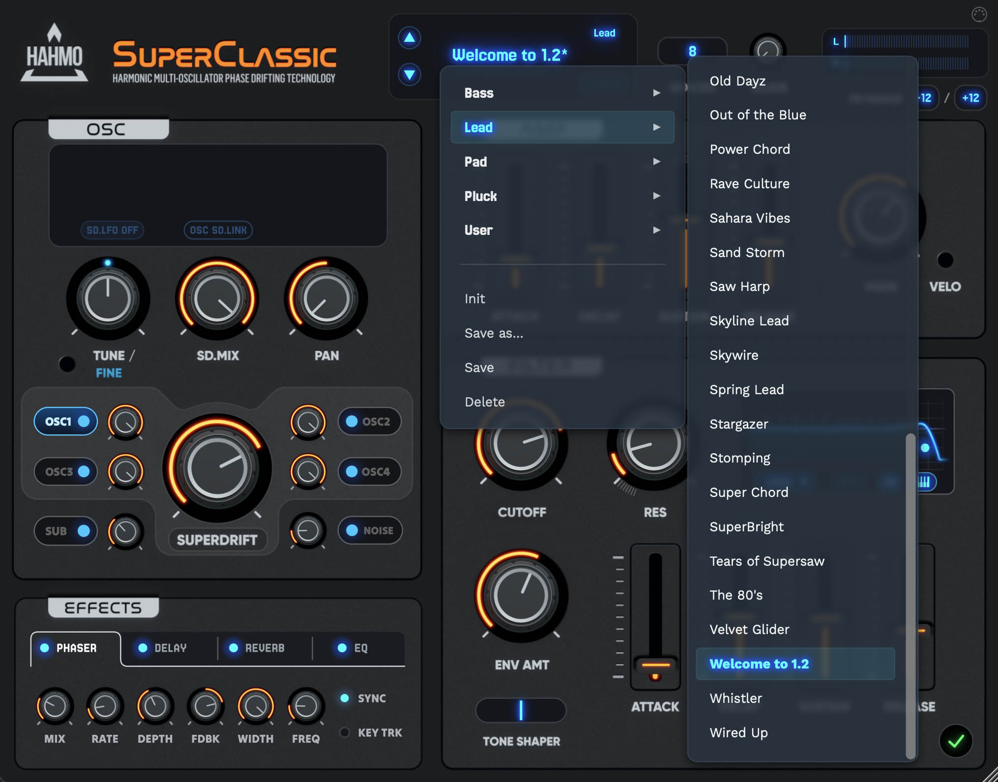 The preset menu